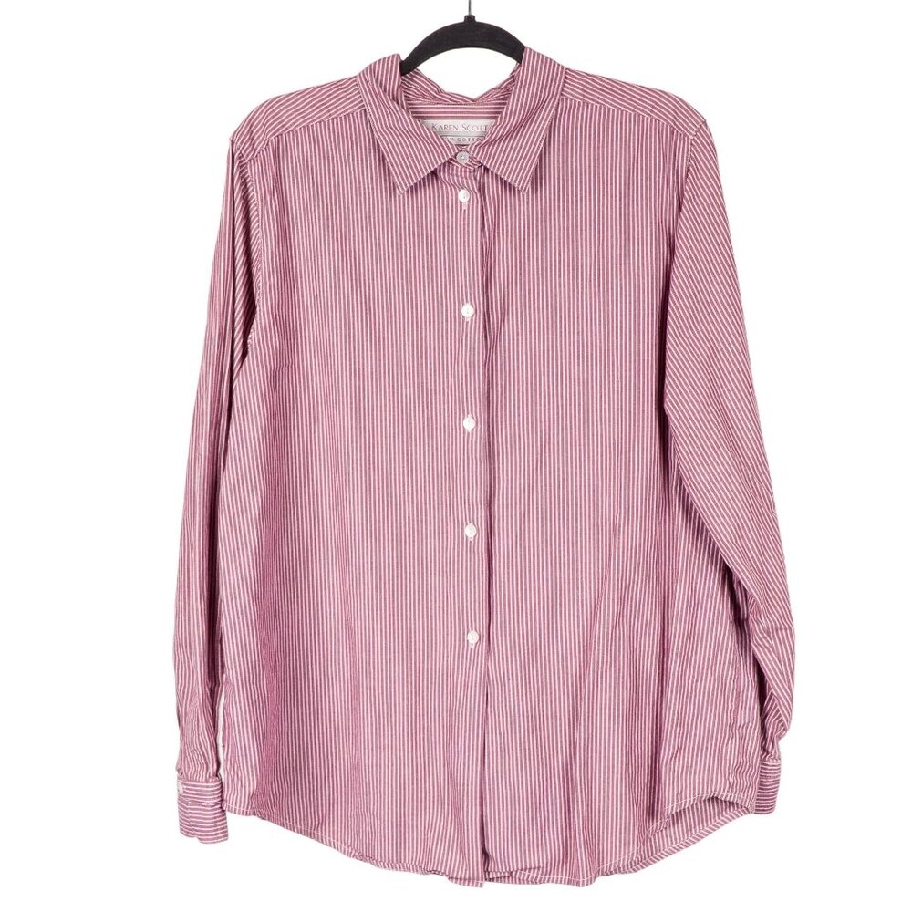 Y2K Button Up Shirt L Womens Momcore Striped Pink White Career Casual Cotton